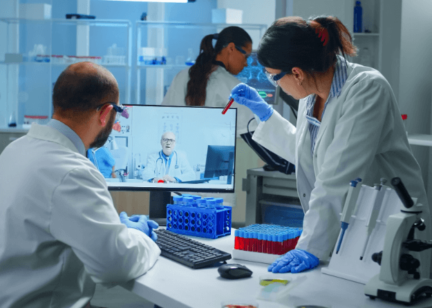 lab-technicians-talking-video-call-with-professional-chemist-doctor-explaning-vaccine-reactions